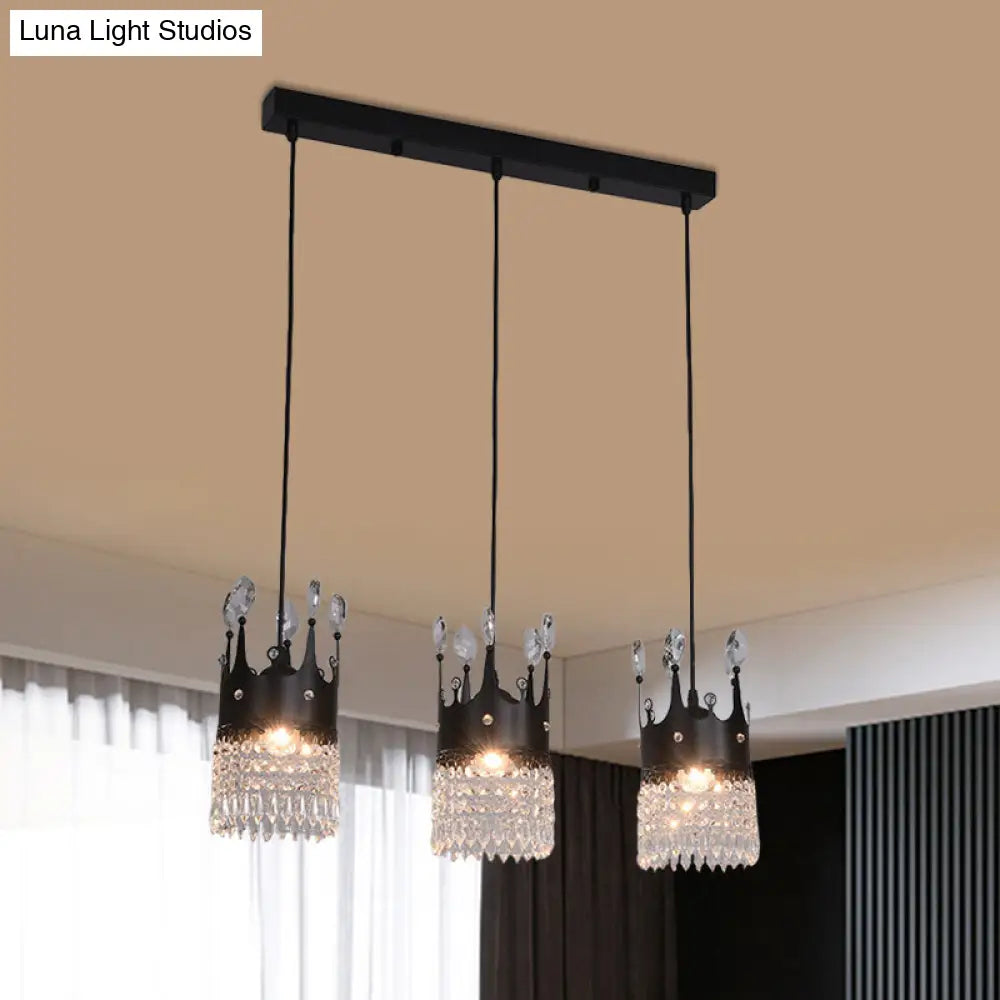 Contemporary Black 3-Head Metal Pendant Light With Crystal Draping For Dining Room / Linear