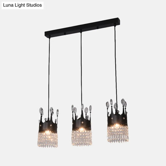 Contemporary Black Metal 3-Head Suspension Light With Crystal Draping For Dining Room