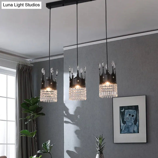 Contemporary Black 3-Head Metal Pendant Light With Crystal Draping For Dining Room