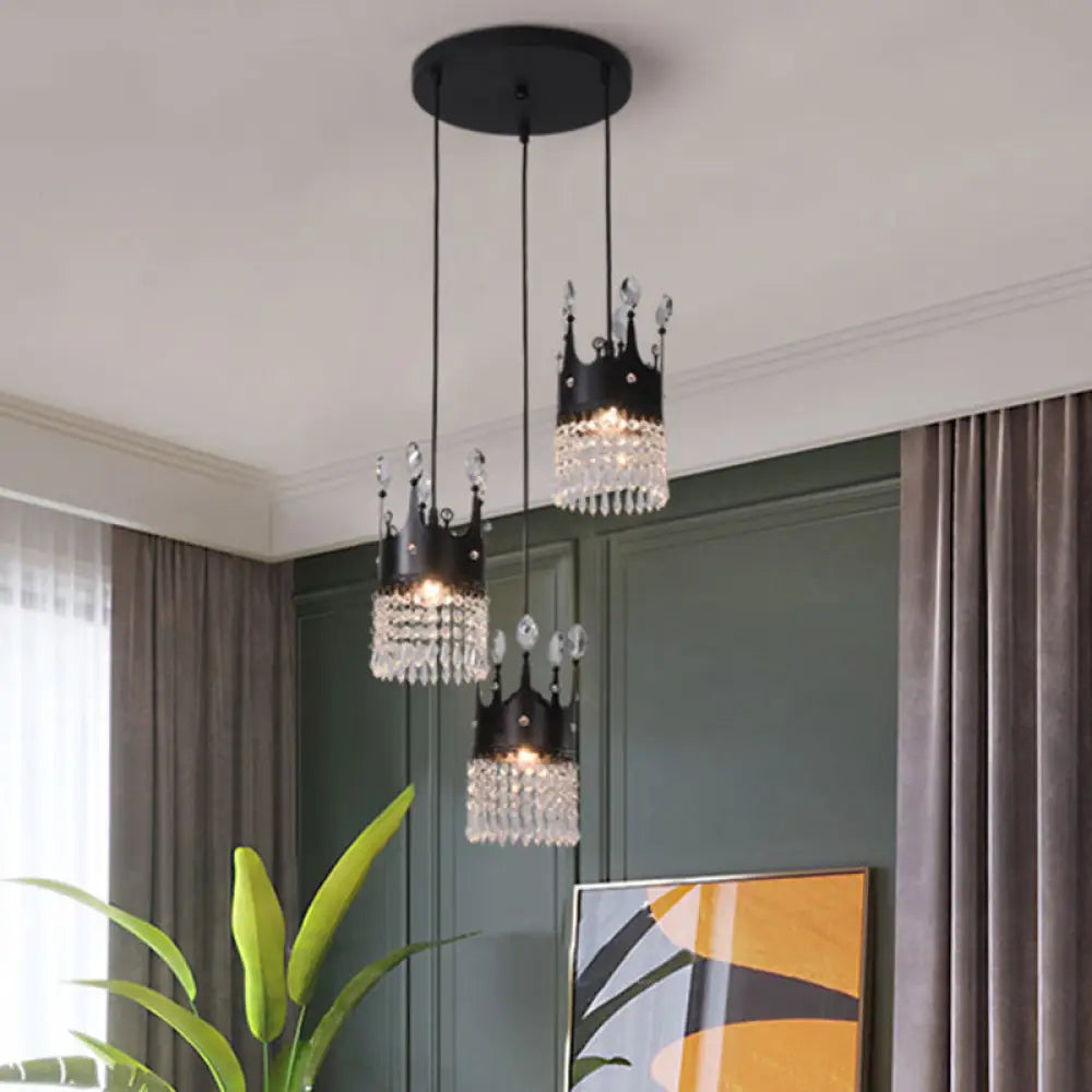 Contemporary Black Metal 3-Head Suspension Light With Crystal Draping For Dining Room / Round