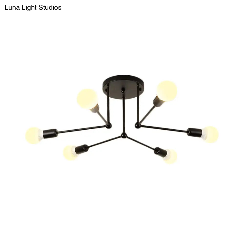 Contemporary Black Metal Semi Flush Ceiling Light With 6 Radial Heads