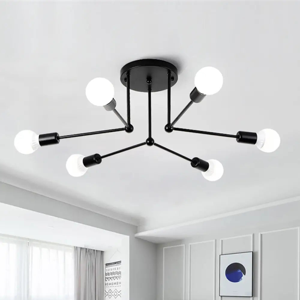 Contemporary Black Metal Semi Flush Ceiling Light With 6 Radial Heads