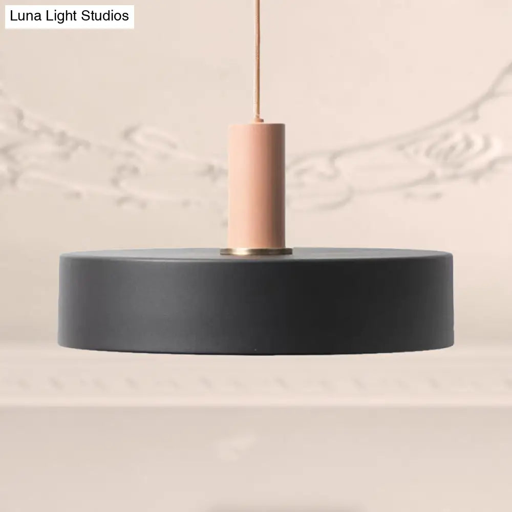 Contemporary Black Pendant Light With Metal And Wood Round Shade- Indoor Suspension Lamp