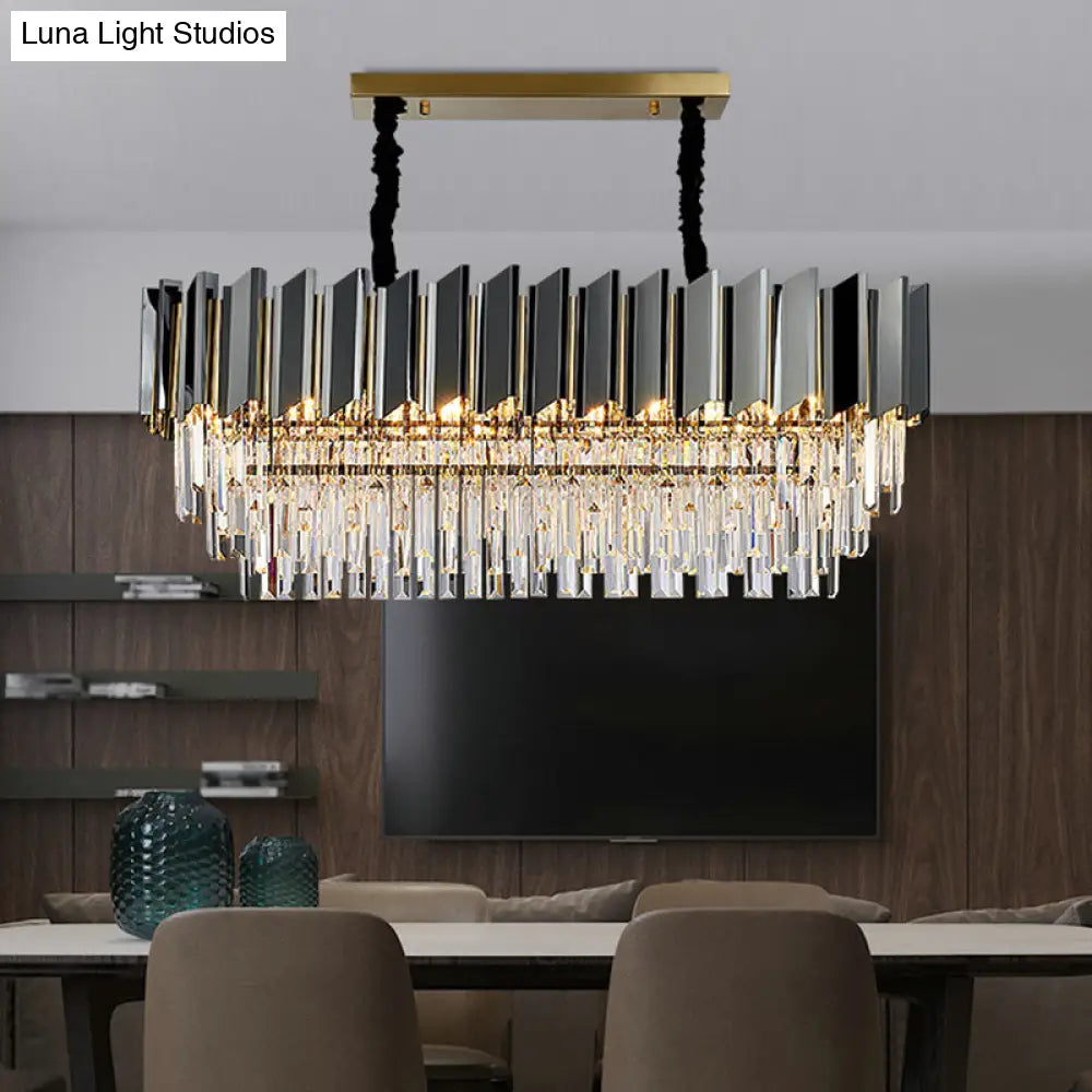 Contemporary Black Prismatic Crystal Oval Island Pendant Light Fixture For Dining Room