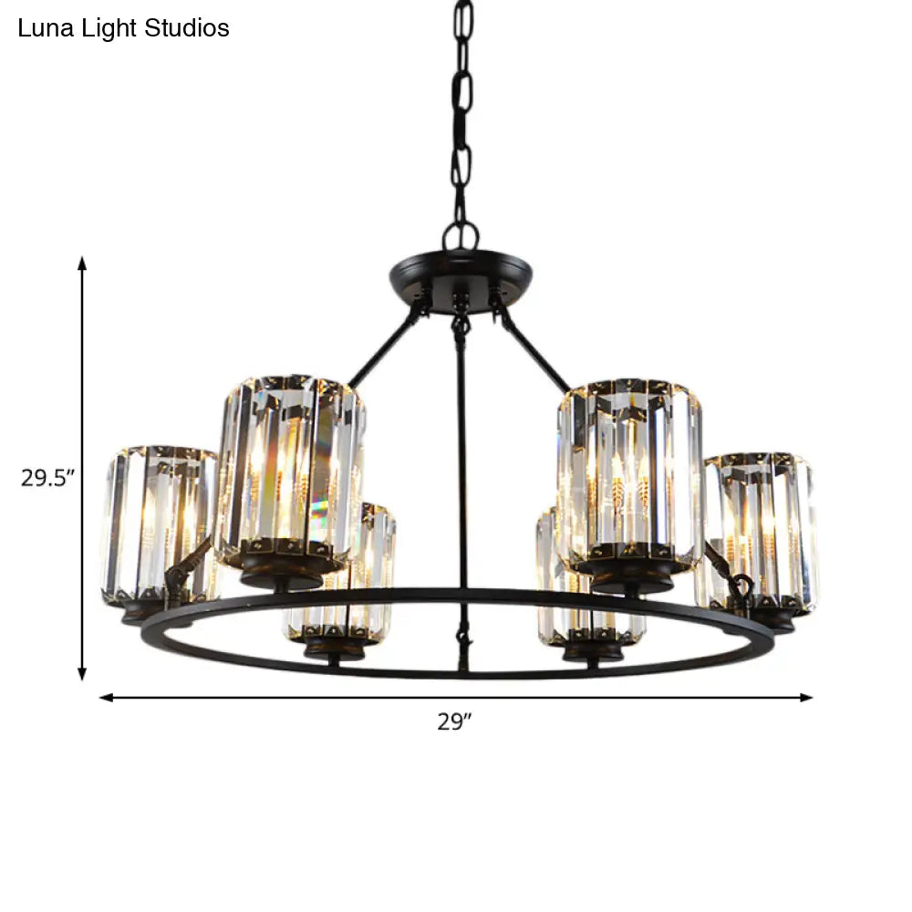 Contemporary Black Round Ceiling Chandelier With Crystal Pendant Lights - Adjustable Chain 4/6/8