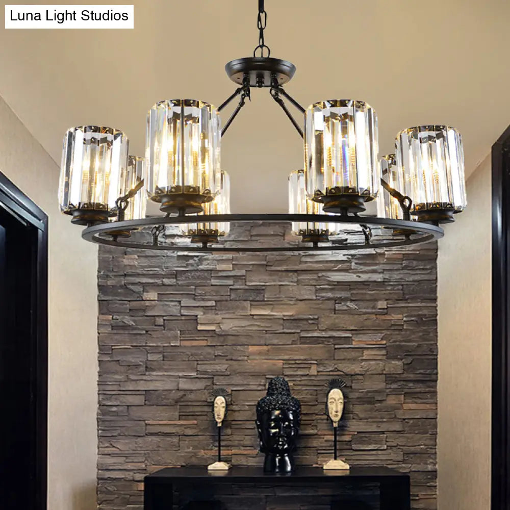 Contemporary Black Round Ceiling Chandelier With Crystal Pendant Lights - Adjustable Chain 4/6/8