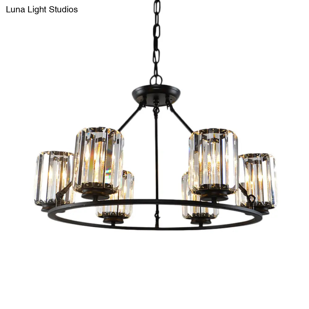 Contemporary Black Round Ceiling Chandelier With Crystal Pendant Lights - Adjustable Chain 4/6/8