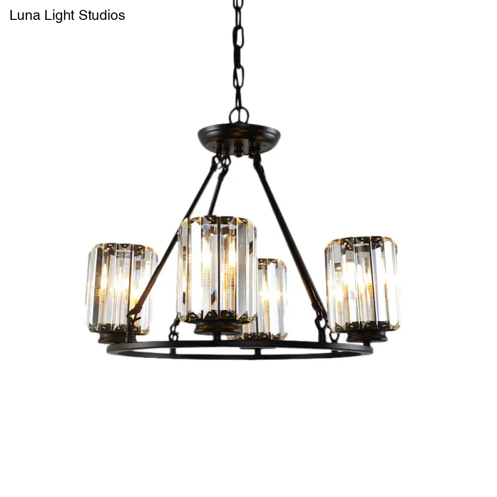 Contemporary Black Round Ceiling Chandelier With Crystal Pendant Lights - Adjustable Chain 4/6/8