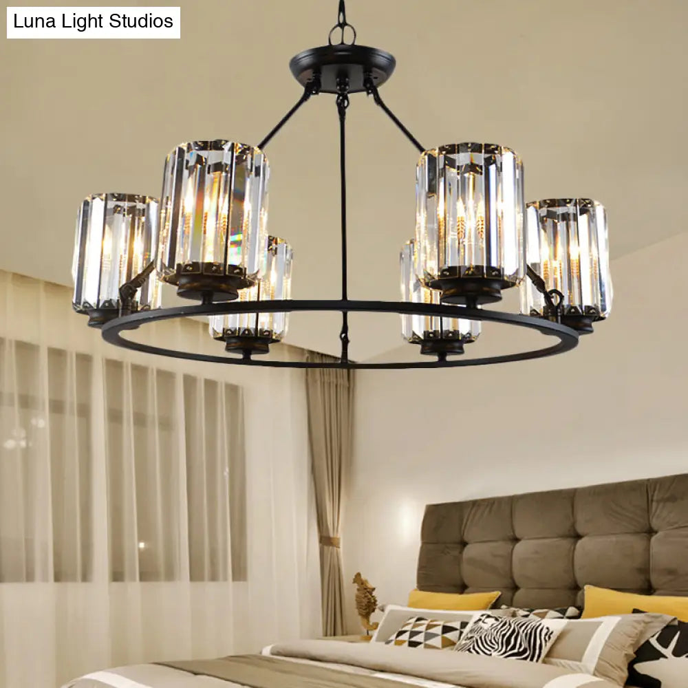 Contemporary Black Round Ceiling Chandelier With Crystal Pendant Lights - Adjustable Chain 4/6/8