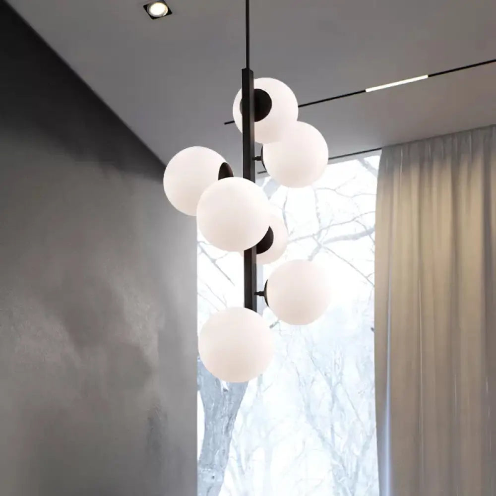 Contemporary Black Round Chandelier: Opal Glass 7 Bulb Suspension Lamp