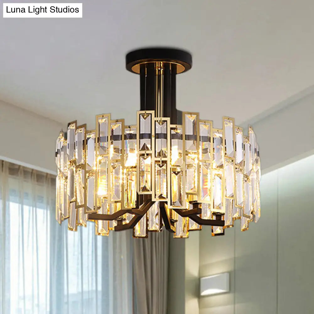 Contemporary Black Round Crystal Semi Mount Close To Ceiling Lamp With 6-Bulb