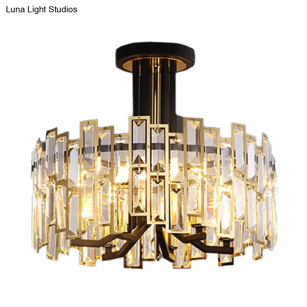 Contemporary Black Round Crystal Semi Mount Close To Ceiling Lamp With 6 - Bulb