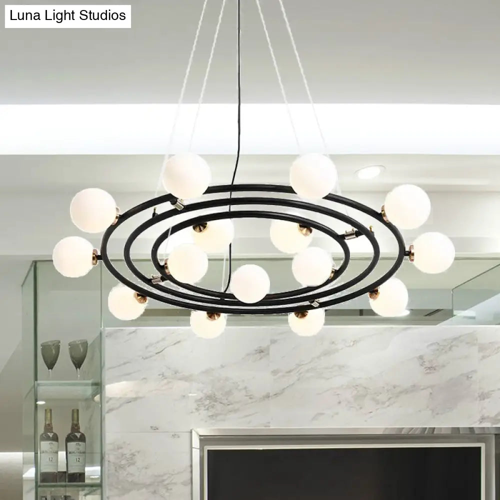 Contemporary Black Round Suspension Chandelier With Opal Glass Shade - 15 Lights