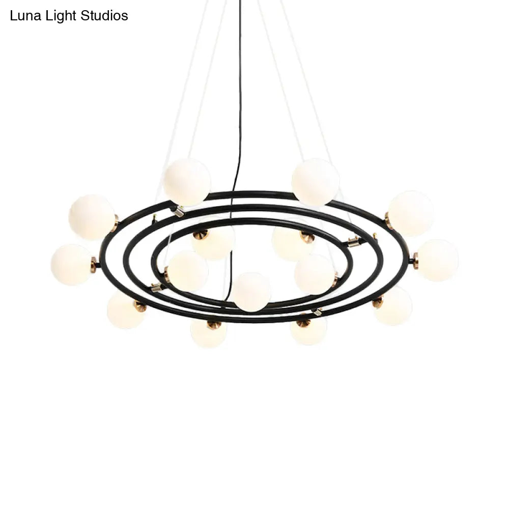 Contemporary Black Round Suspension Chandelier With Opal Glass Shade - 15 Lights