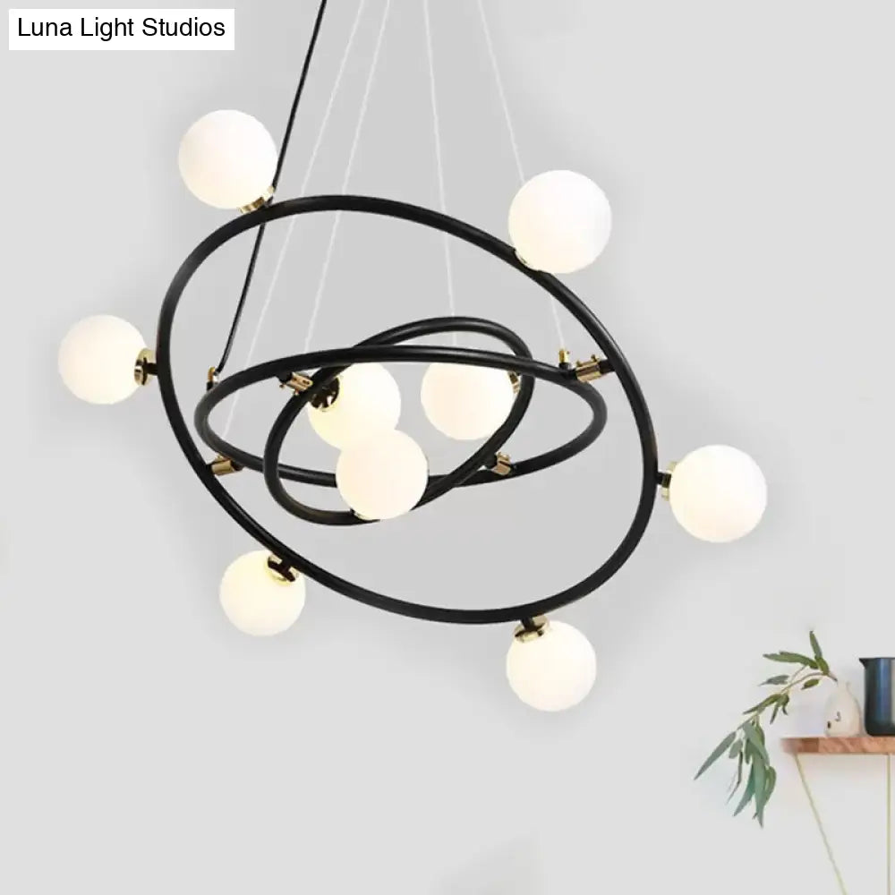 Contemporary Black Round Suspension Chandelier With Opal Glass Shade - 15 Lights