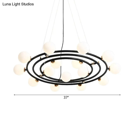 Contemporary Black Round Suspension Chandelier With Opal Glass Shade - 15 Lights