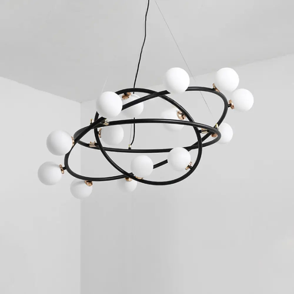 Contemporary Black Round Suspension Chandelier With Opal Glass Shade - 15 Lights /