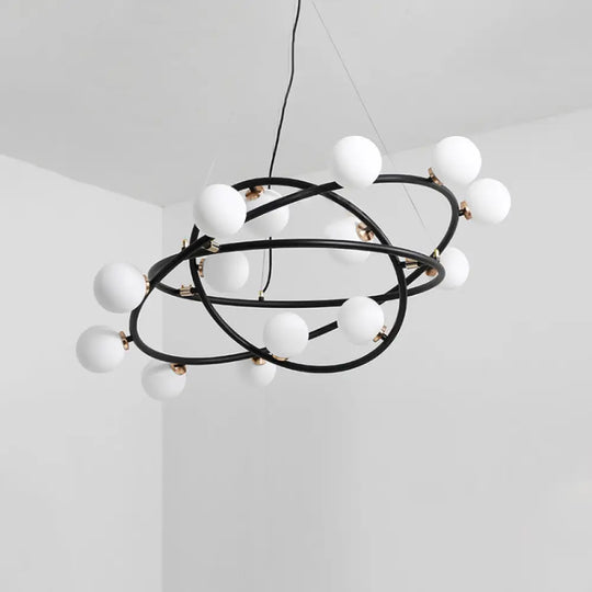 Contemporary Black Round Suspension Chandelier With Opal Glass Shade - 15 Lights /