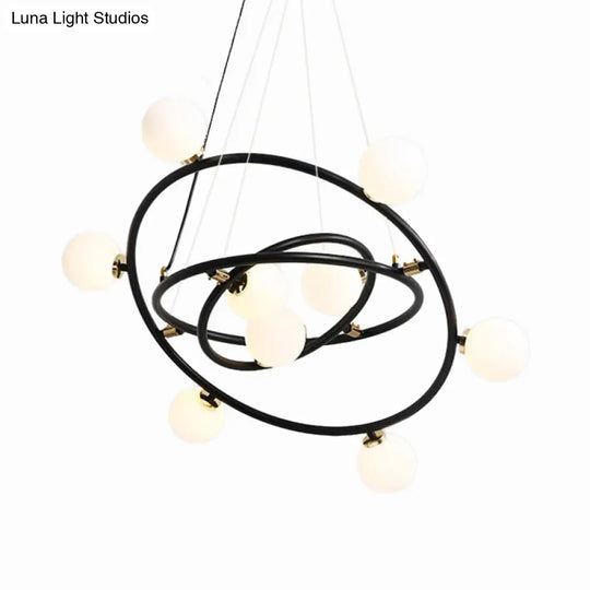 Contemporary Black Round Suspension Chandelier With Opal Glass Shade - 15 Lights