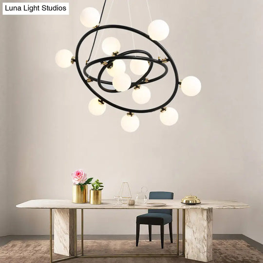 Contemporary Black Round Suspension Chandelier With Opal Glass Shade - 15 Lights