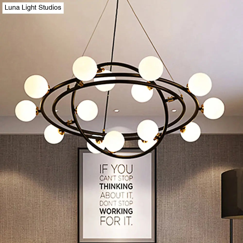 Contemporary Black Round Suspension Chandelier With Opal Glass Shade - 15 Lights