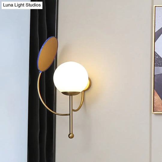 Contemporary Black Round Wall Lighting: 1-Light Sconce With White Frosted Glass Mirror Deco - Ideal