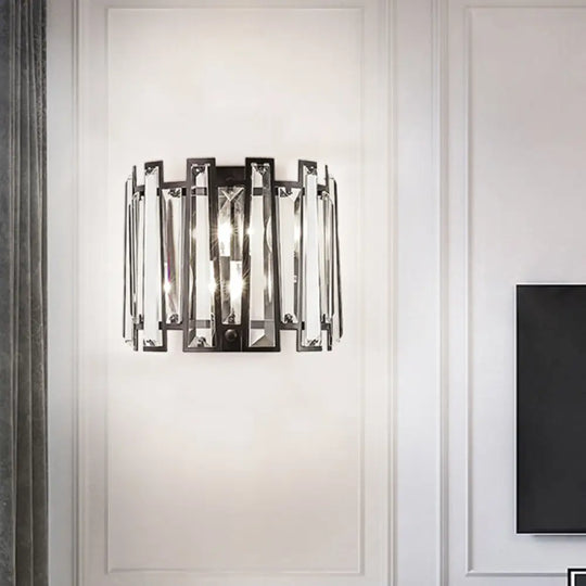 Contemporary Black Sconce With Crystal Shade - Wall Mount Lamp Dual-Head Design