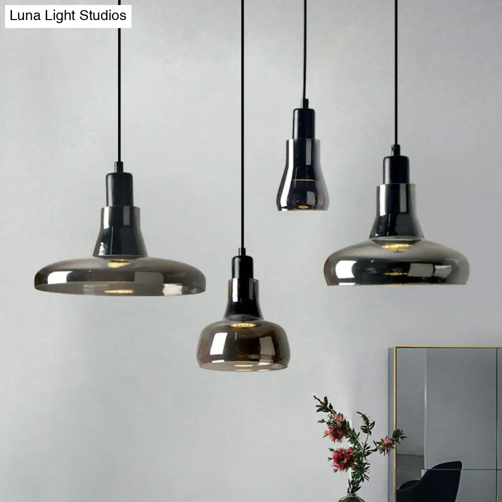 Contemporary Smoke Grey Glass Pendant Light With Pot Lid Design - Black Ceiling Lighting For Dining