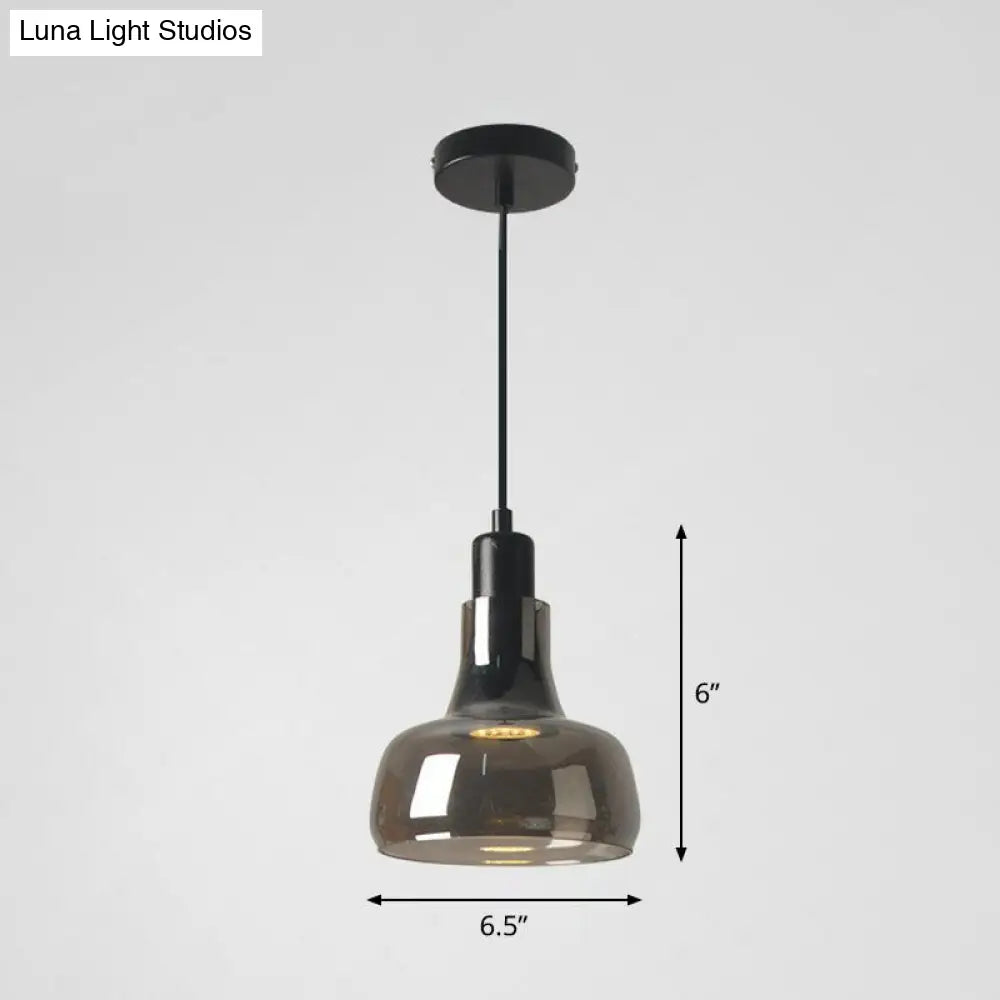 Contemporary Smoke Grey Glass Pendant Light With Pot Lid Design - Black Ceiling Lighting For Dining