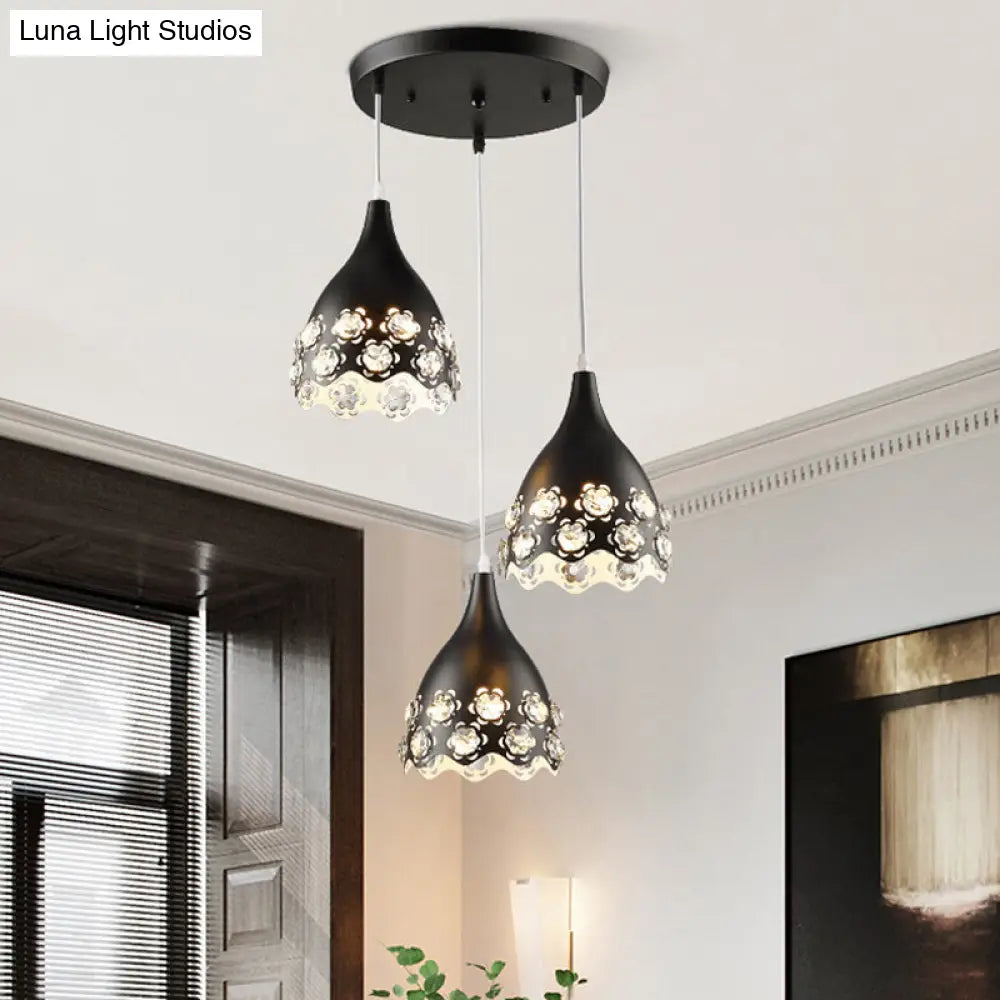 Contemporary Black Finish Teardrop Cluster Pendant Light With Crystal-Encrusted Floret Design