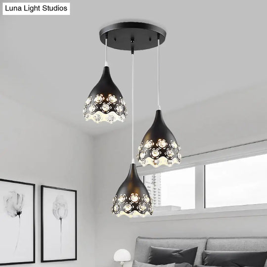 Contemporary Black Finish Teardrop Cluster Pendant Light With Crystal-Encrusted Floret Design