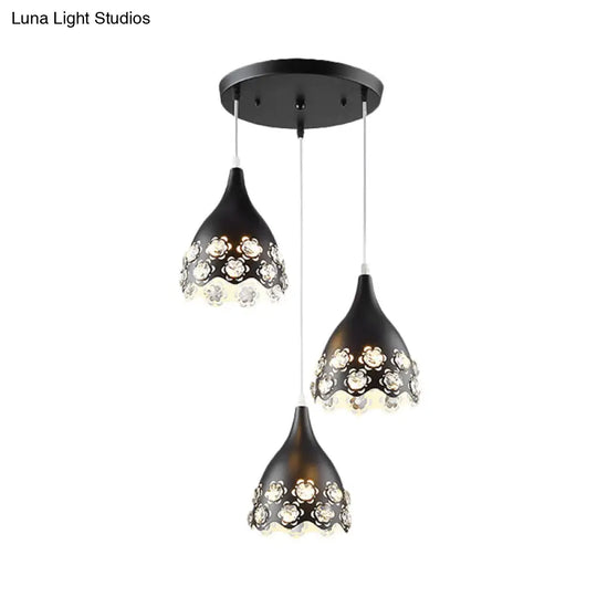 Contemporary Black Finish Teardrop Cluster Pendant Light With Crystal-Encrusted Floret Design