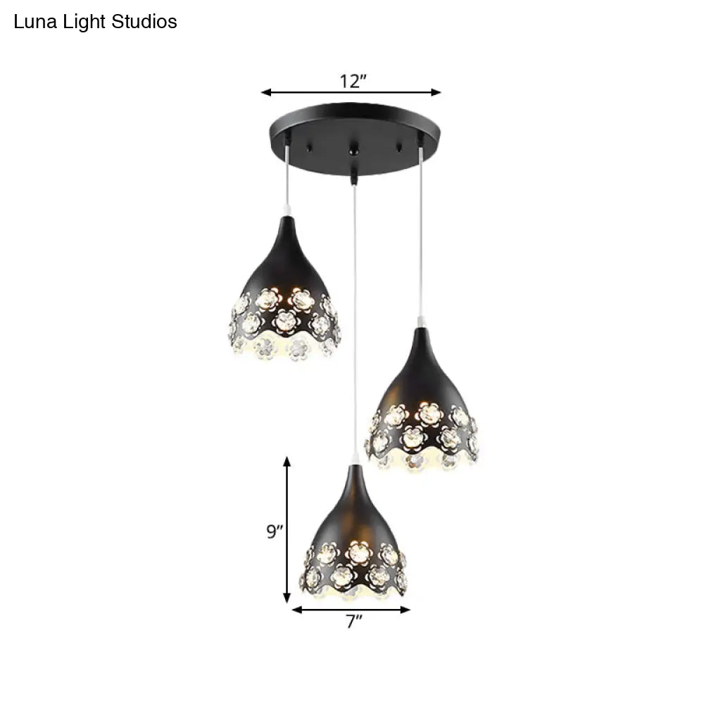 Contemporary Black Finish Teardrop Cluster Pendant Light With Crystal-Encrusted Floret Design