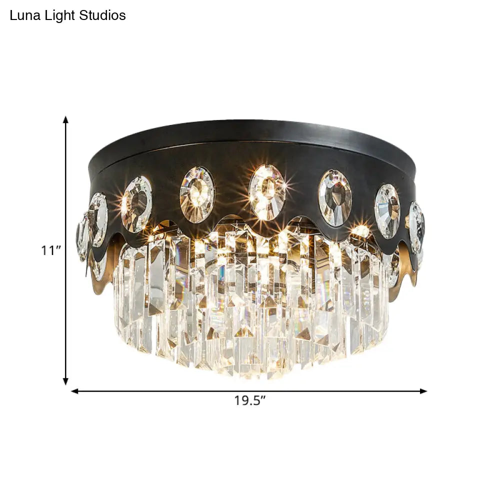 Contemporary Black Tiered Crystal Flush Ceiling Light - Great Room Mount Lamp