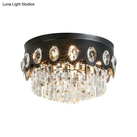 Contemporary Black Tiered Crystal Flush Ceiling Light - Great Room Mount Lamp