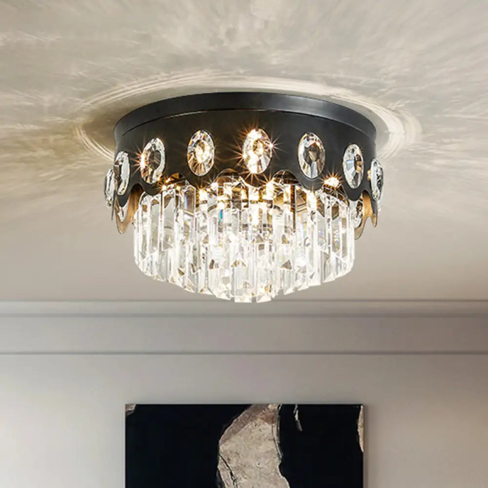 Contemporary Black Tiered Crystal Flush Ceiling Light - Great Room Mount Lamp