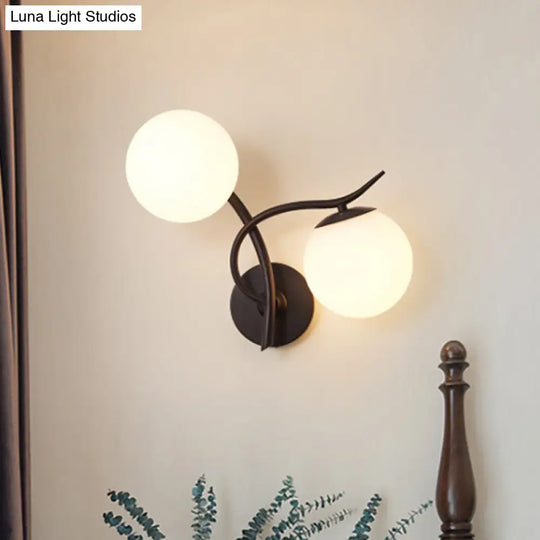 Contemporary Black Wall Sconce Light With 2 Bulbs And Milky Glass - Modern Globe Fixture