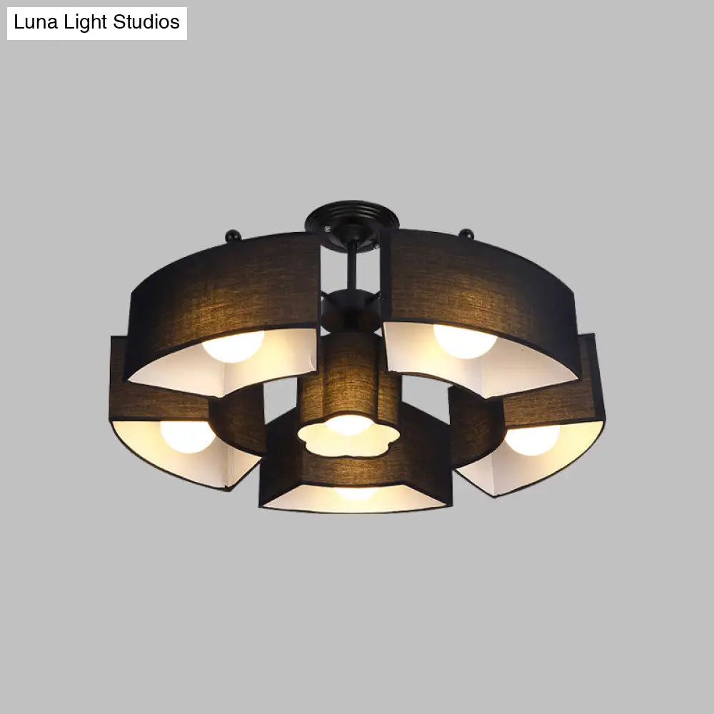 Contemporary Black/White Curved Block Flushmount Light With 6 Fabric Semi Mounts For Living Room