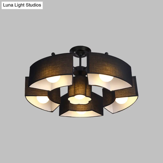 Contemporary Black/White Curved Block Flushmount Light With 6 Fabric Semi Mounts For Living Room