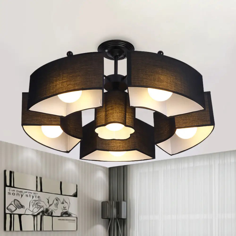 Contemporary Black/White Curved Block Flushmount Light With 6 Fabric Semi Mounts For Living Room