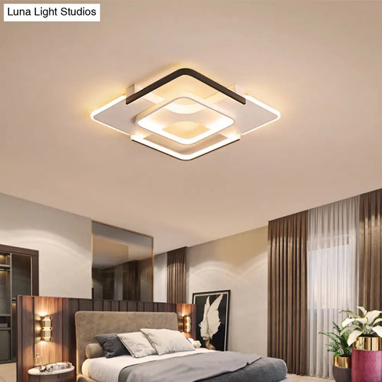 Contemporary Black - White Metal Flush Light For Bedroom Ceiling - 16’/19.5’ Wide Led In Warm