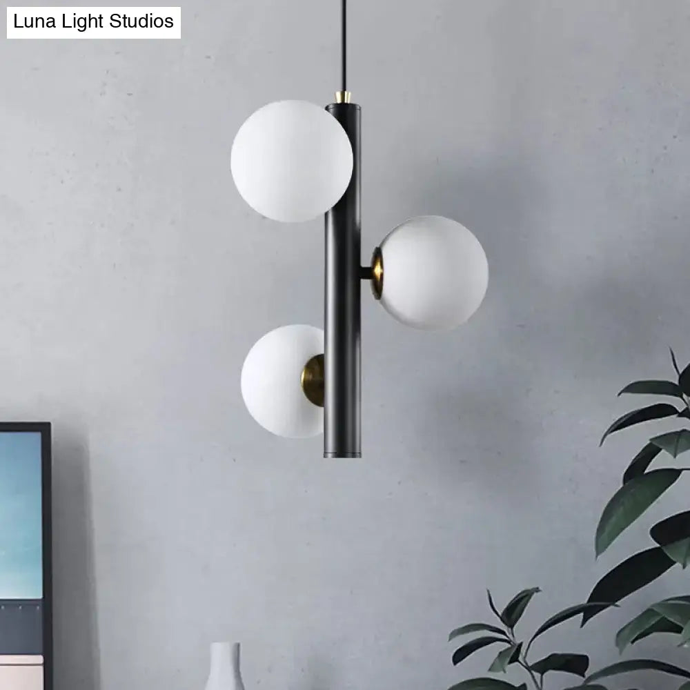 Contemporary Black/White Plumb Chandelier With 3 Frosted Glass Heads - Ceiling Pendant For Dining