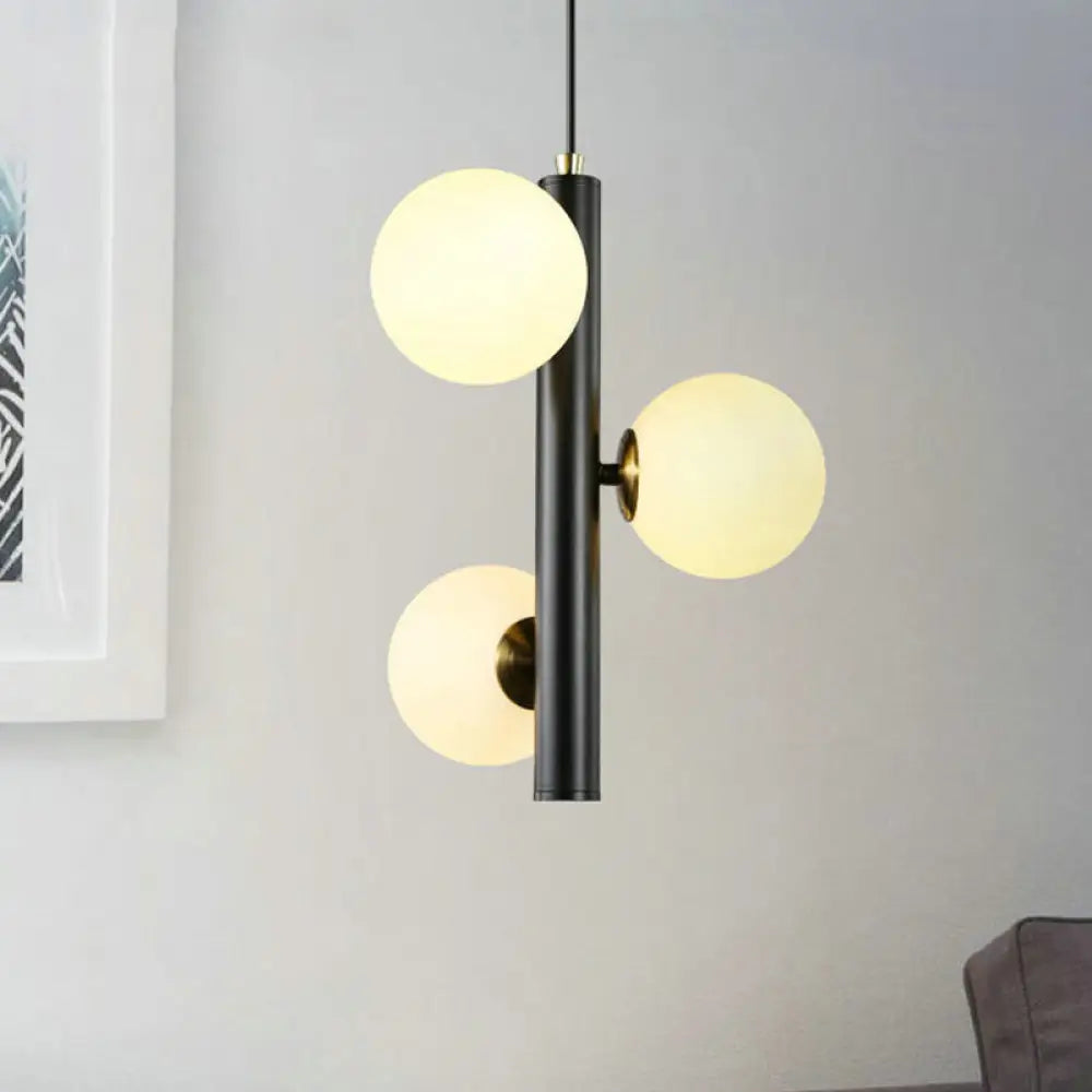 Contemporary Black/White Plumb Chandelier With 3 Frosted Glass Heads - Ceiling Pendant For Dining