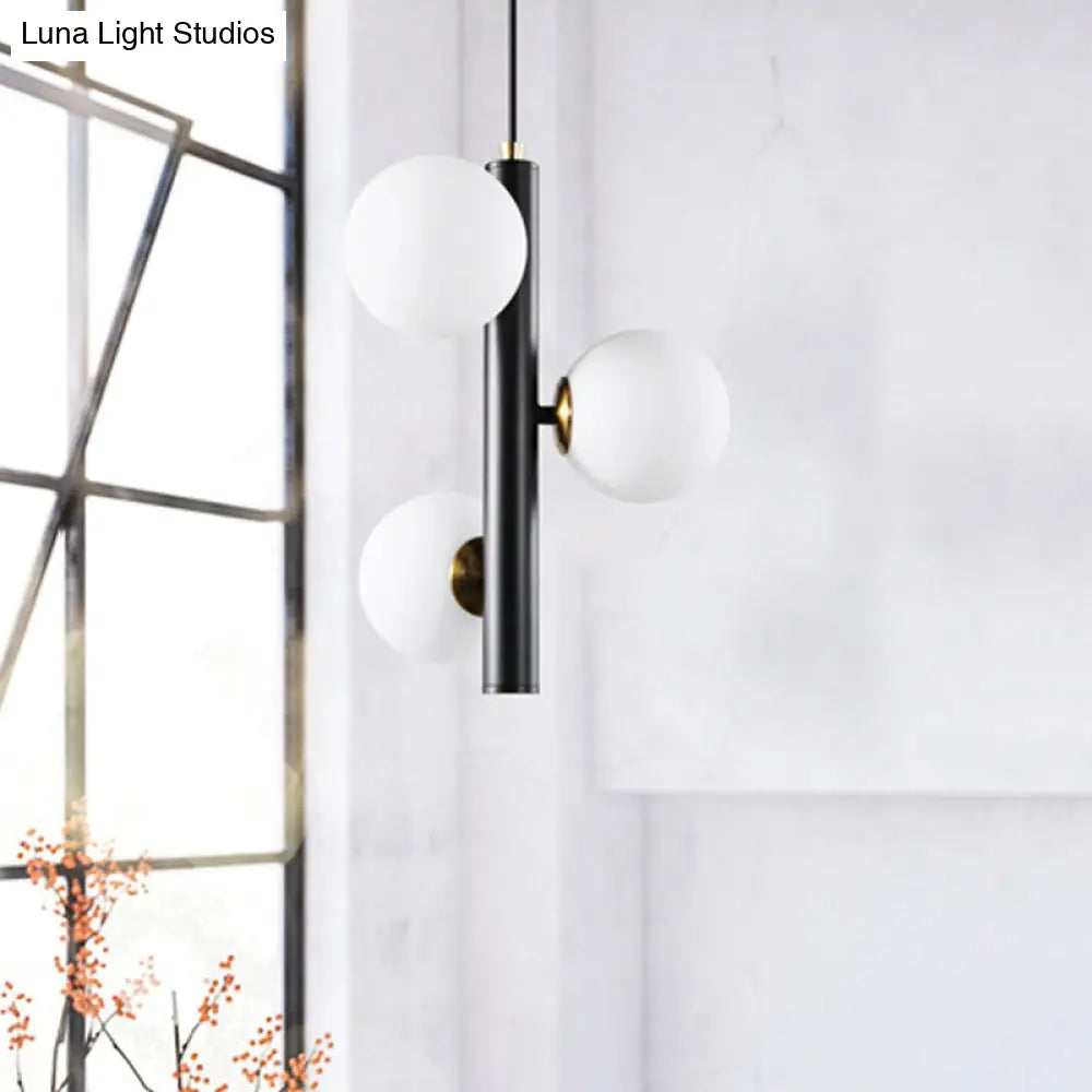 Contemporary Black/White Plumb Chandelier With 3 Frosted Glass Heads - Ceiling Pendant For Dining