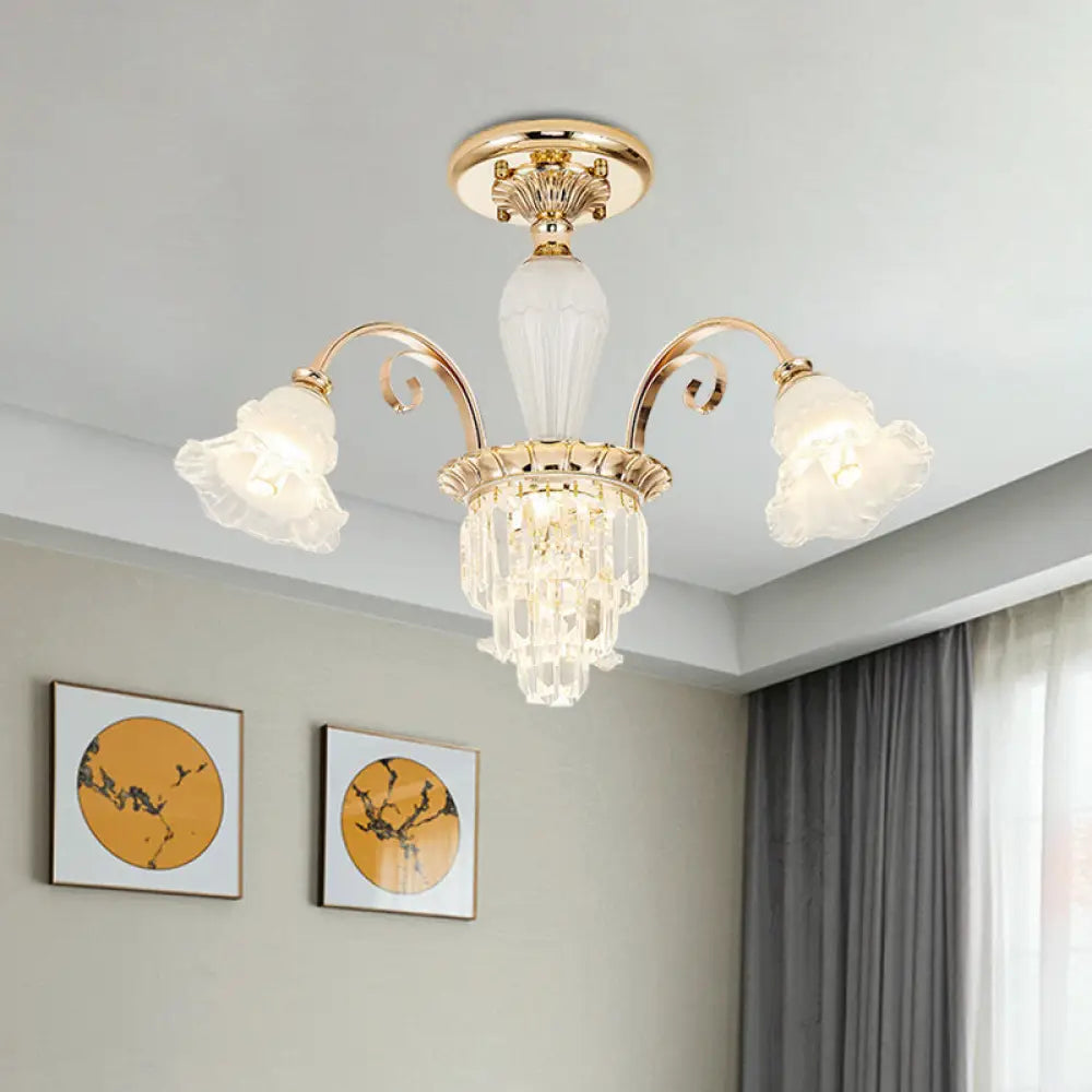 Contemporary Bloom Semi Flush Gold Light With Opal Glass & Crystal Accents