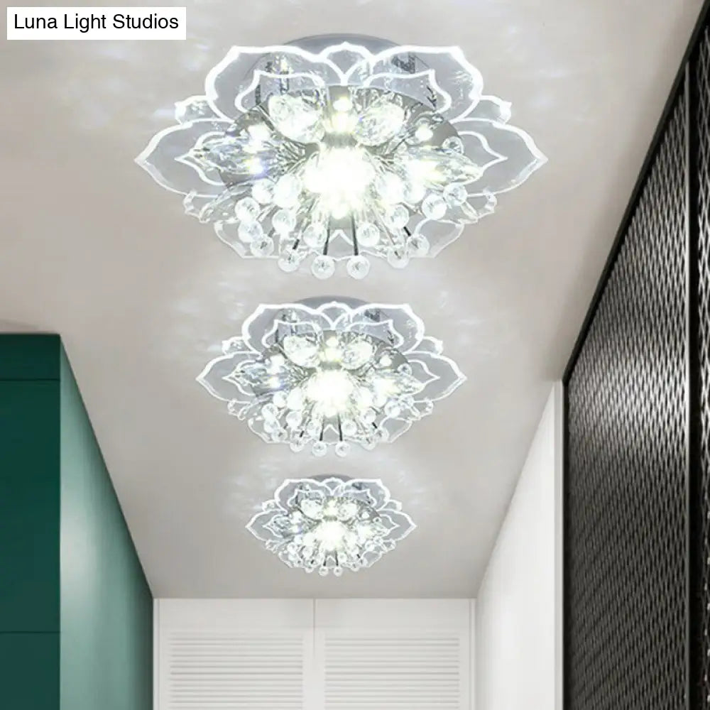 Contemporary Blossom Crystal Flush Ceiling Light - Clear Led Mount Fixture / White