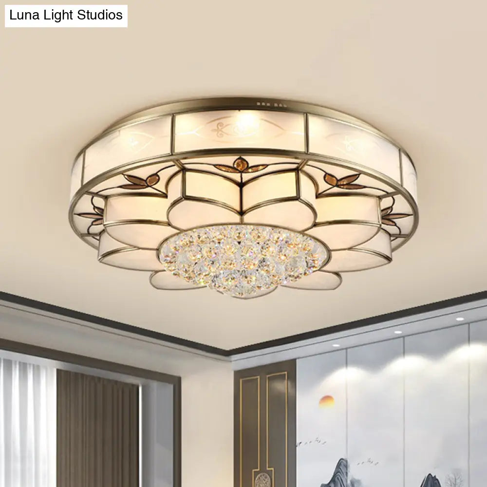 Contemporary Blossom Flushmount Lighting With Crystal Drop - 7 - Light Frosted Glass Ceiling Flush