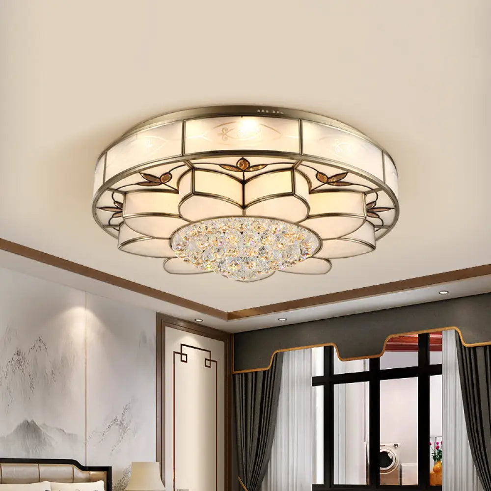 Contemporary Blossom Flushmount Lighting With Crystal Drop - 7 - Light Frosted Glass Ceiling Flush