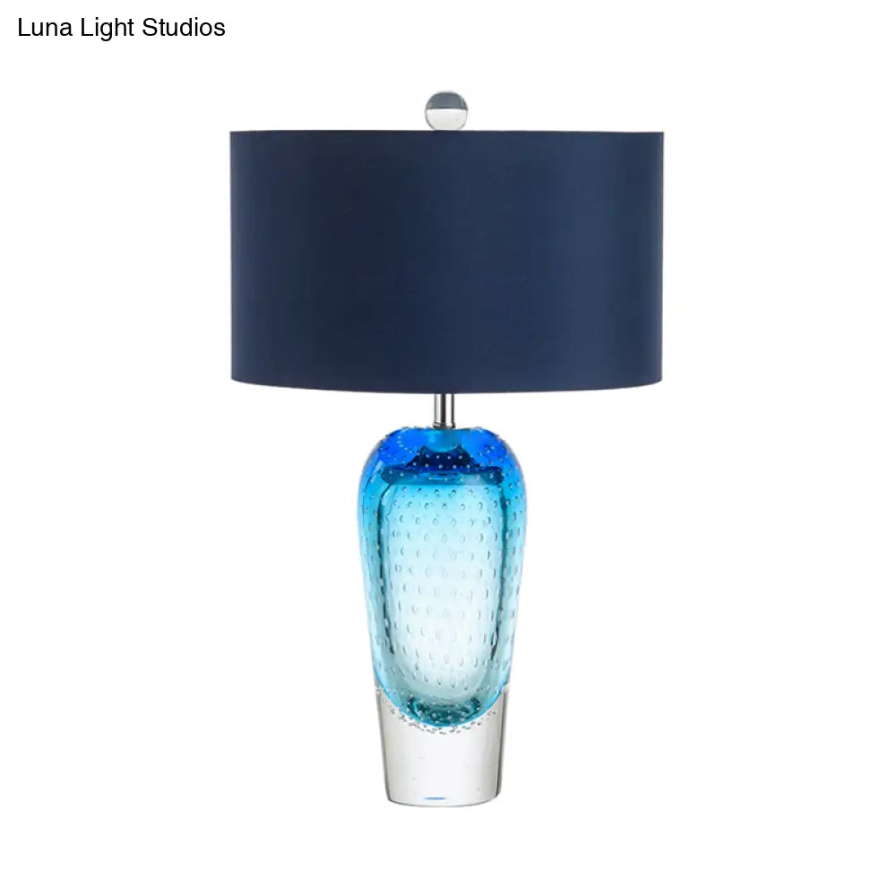 Contemporary Blue Bubble Glass Urn Night Table Lamp With Fabric Shade