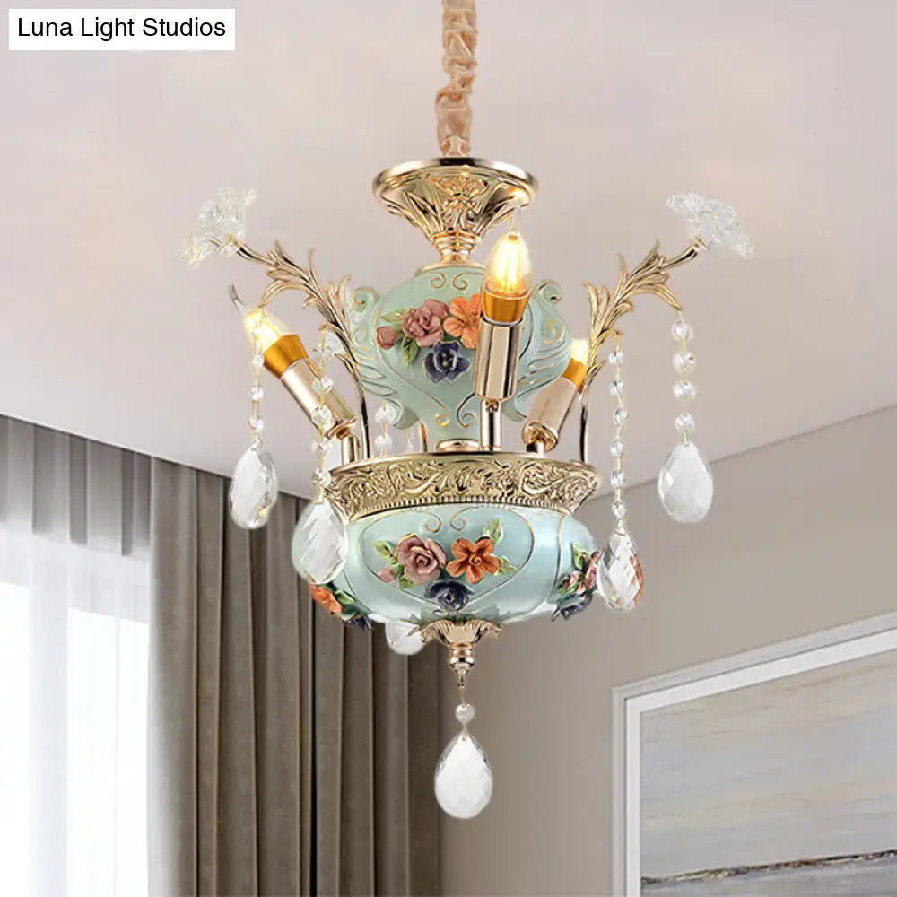 Contemporary Blue Ceramic Candelabra Suspension Lamp With Crystal Accent - 3 Bulb Dining Room